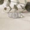 Emerald Cut Moissanite Three-Stone Engagement Ring with Halo | 2.11 CT | 925 Silver, 10K & 14K Gold