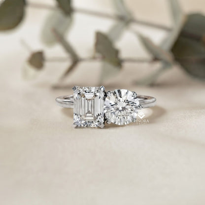 Emerald & Round Cut Toi et Moi Diamond Ring in Silver, Gold, or Platinum – Finora Jewelry