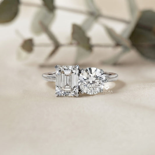 Emerald & Round Cut Toi et Moi Diamond Ring in Silver, Gold, or Platinum – Finora Jewelry