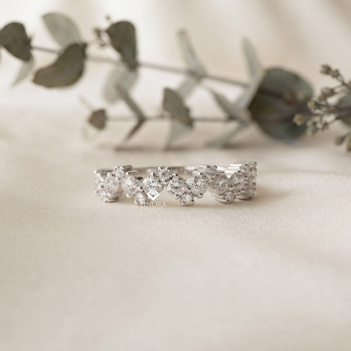 zig-zag moissanite half eternity wedding band, stackable ring - finora jewelry
