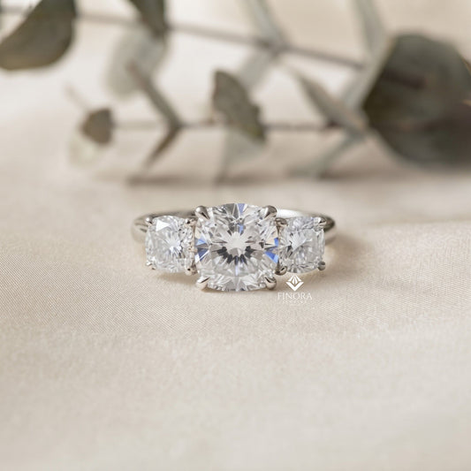 Three-Stone Cushion Cut Diamond Engagement Ring – Trio of Brilliance in White Gold or Platinum – Finora Symbolic Design of Past, Present & Future – Elegant Gift for Her