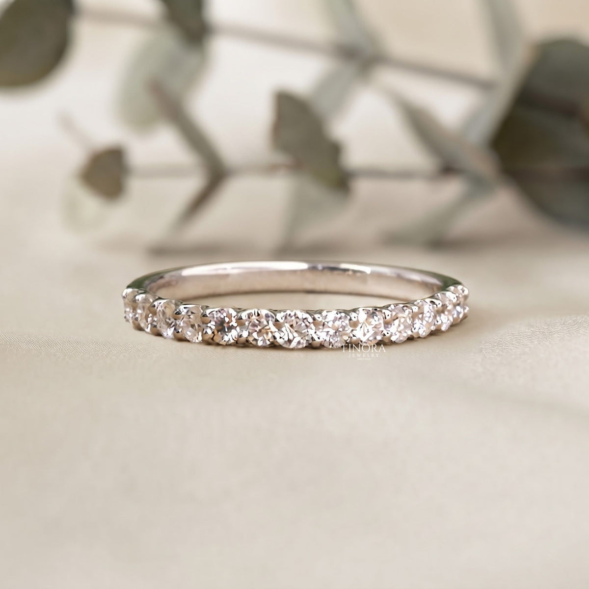 classic round cut moissanite half eternity wedding band, stackable minimal ring – finora jewelry