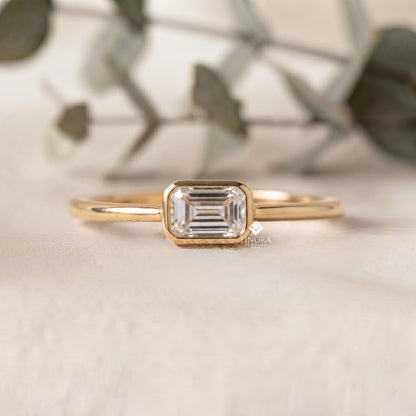 Emerald Cut Bezel Ring – Minimalist Gold Engagement Ring  – Modern Horizontal Baguette Ring