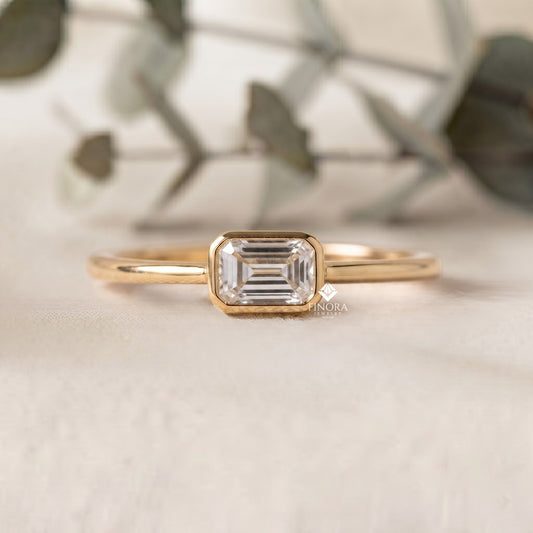 Emerald Cut Bezel Ring – Minimalist Gold Engagement Ring  – Modern Horizontal Baguette Ring