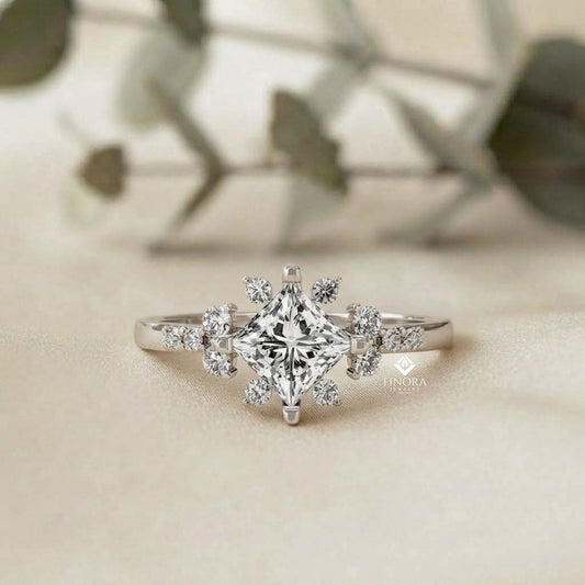 Princess Cut Diamond Cluster Engagement Ring – Regal Radiance in 925 Silver, 10K/14K Yellow, White & Rose Gold, or Platinum – Finora Elegant Snowflake-Inspired Design for Her