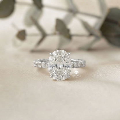 Oval Cut Diamond Solitaire with Hidden Halo and Pave Band - Luxury Fine Jewelry