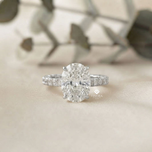 Oval Cut Diamond Solitaire with Hidden Halo and Pave Band - Luxury Fine Jewelry