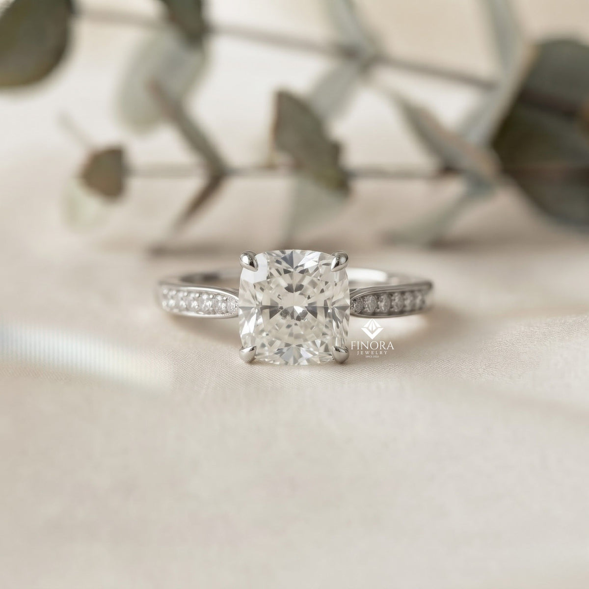 cushion cut diamond engagement ring with pavé band – classic sparkle in white gold or platinum – finora elegant solitaire design – timeless gift for her