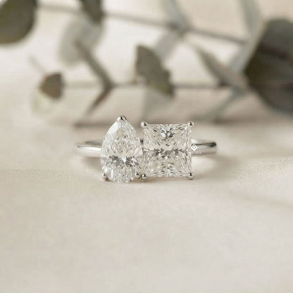 Two-Stone Pear & Princess Cut Diamond Ring – Dual Brilliance in 925 Silver, 10K / 14K Gold, or Platinum – Finora Symbolic Design of Love & Harmony – Meaningful Gift for Her