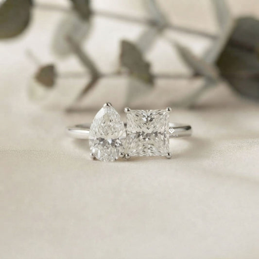 Two-Stone Pear & Princess Cut Diamond Ring – Dual Brilliance in 925 Silver, 10K / 14K Gold, or Platinum – Finora Symbolic Design of Love & Harmony – Meaningful Gift for Her