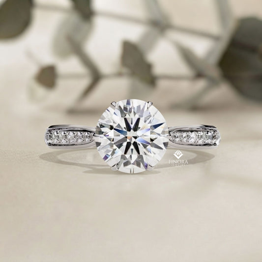 Brilliant Round Cut Engagement Ring with Pavé Diamond Band – Ideal Birthday Gift or Proposal Ring – Classic Elegance in Sterling Silver, 10K/14K Gold, or Platinum – Finora Luxe Edition