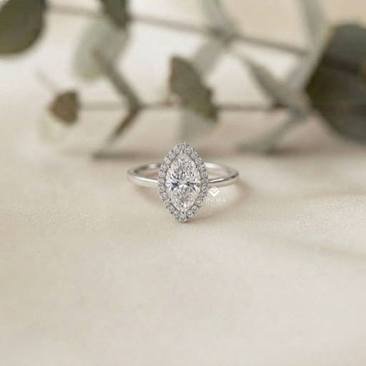 Marquise Cut Moissanite Halo Engagement Ring – 925 Silver / 10K / 14K / Platinum / White / Yellow / Rose Gold – Finora Jewelry