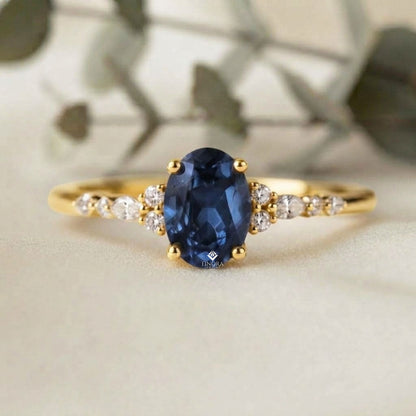 Oval Blue Sapphire and Diamond Cluster Ring – Dainty Gold Engagement Ring