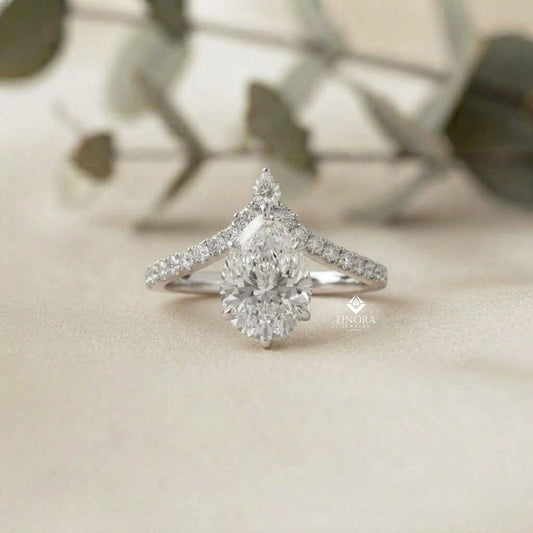Pear Cut Diamond Engagement Ring with Accent Pear & Pavé Band in 925 Silver, 10K/14K Gold, or Platinum – Finora Jewelry