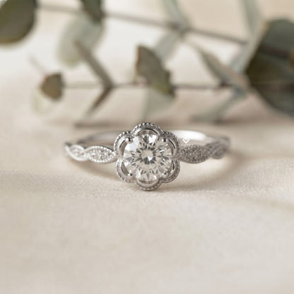 Rose Flower Engagement Ring –  Botanical Diamond Vine Band – Romantic Floral Gold Jewelry