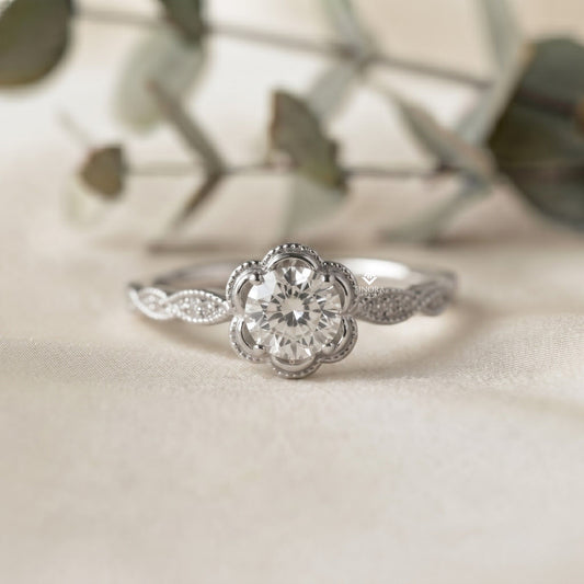 Rose Flower Engagement Ring –  Botanical Diamond Vine Band – Romantic Floral Gold Jewelry