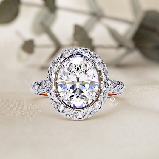 Floral Halo Diamond Engagement Ring – Intricate Swirl Pavé Design in White Gold or Platinum – Nature-Inspired Elegance – Vintage Glamour Statement Ring
