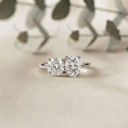 Two-Stone Oval & Round Cut Diamond Engagement Ring – Harmonious Duo in 925 Silver, 10K / 14K Gold, or Platinum – Finora Emblem of Balanced Love & Timeless Sparkle – Elegant Gift for Her