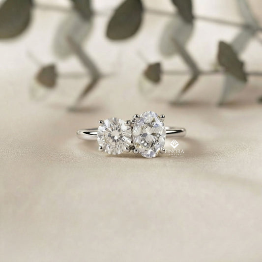 Two-Stone Oval & Round Cut Diamond Engagement Ring – Harmonious Duo in 925 Silver, 10K / 14K Gold, or Platinum – Finora Emblem of Balanced Love & Timeless Sparkle – Elegant Gift for Her