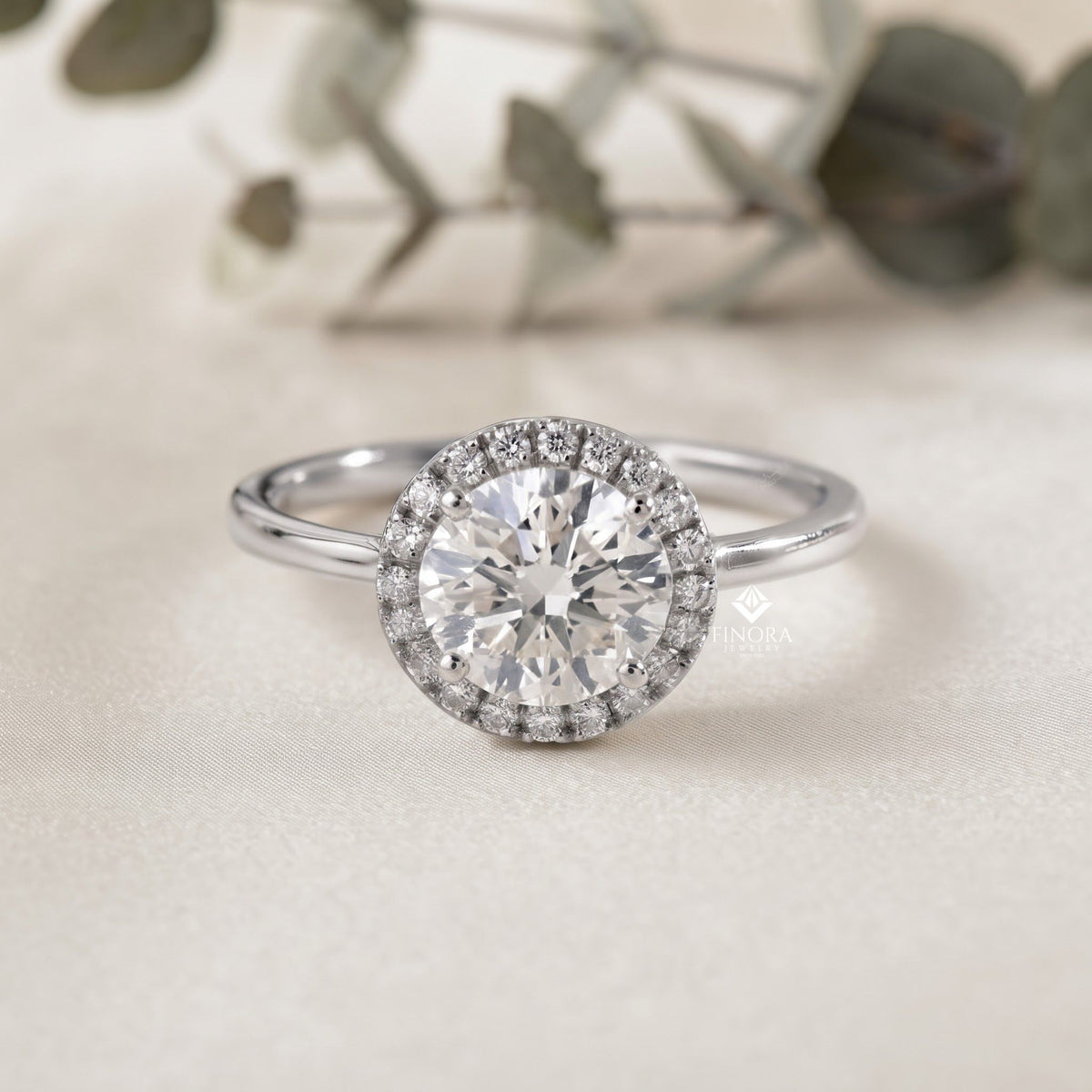 round halo moissanite engagement ring with pavé accent diamonds – timeless round cut sparkle | finora jewelry