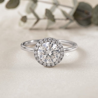 Round Halo Moissanite Engagement Ring with Pavé Accent Diamonds – Timeless Round Cut Sparkle | Finora Jewelry