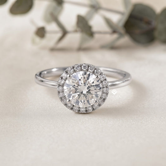 Round Halo Moissanite Engagement Ring with Pavé Accent Diamonds – Timeless Round Cut Sparkle | Finora Jewelry