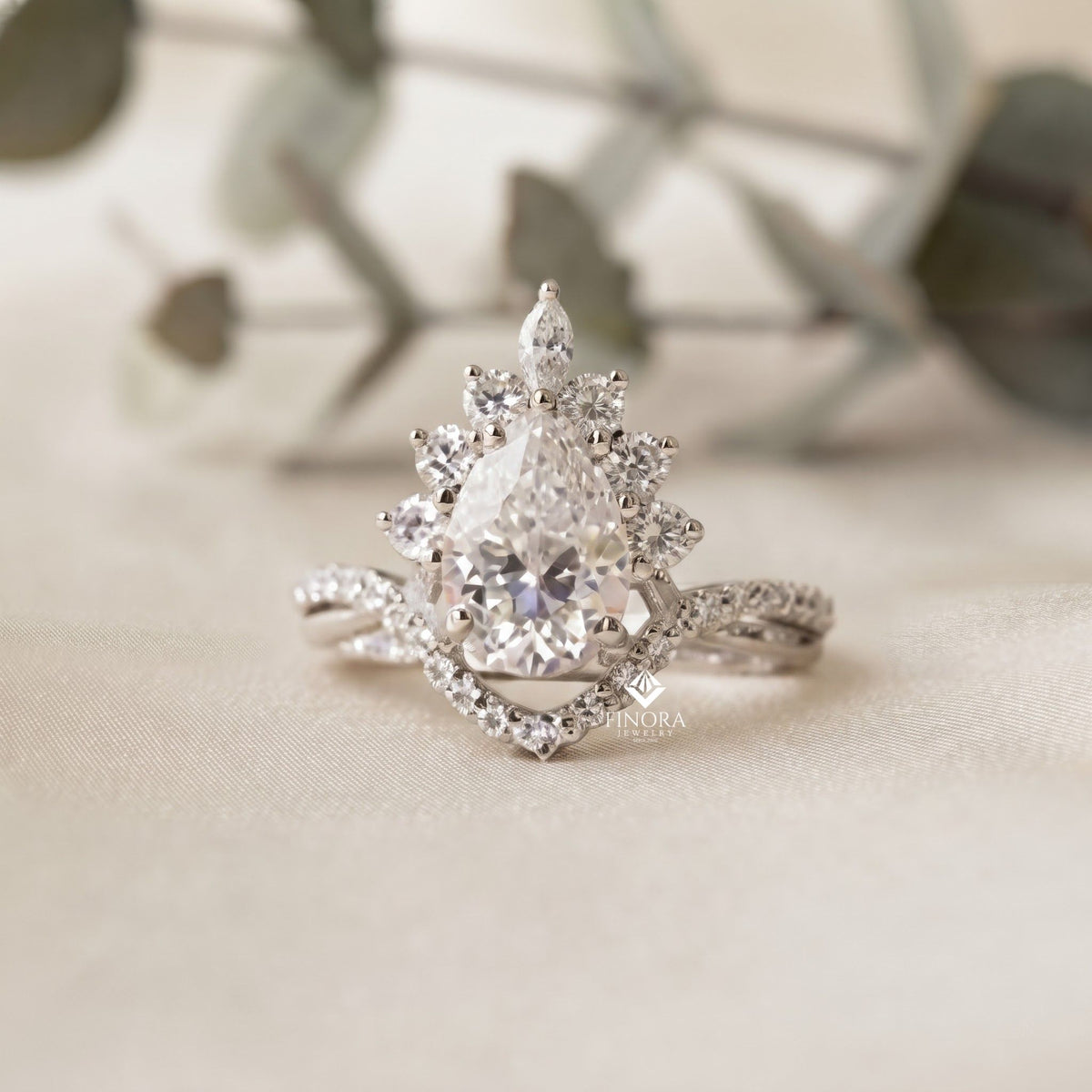 pear cut moissanite halo engagement ring 1.68 ct with marquise & round side stones in 925 silver / 10k & 14k gold