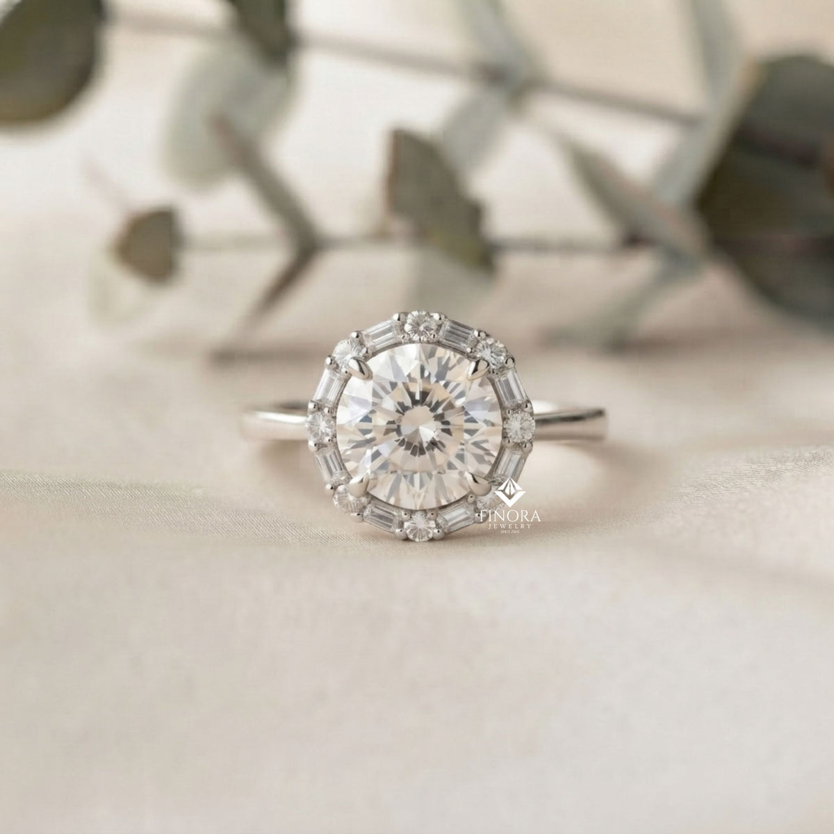 round cut moissanite halo engagement ring with baguette side stones in 925 silver, 10k & 14k gold – finora jewelry