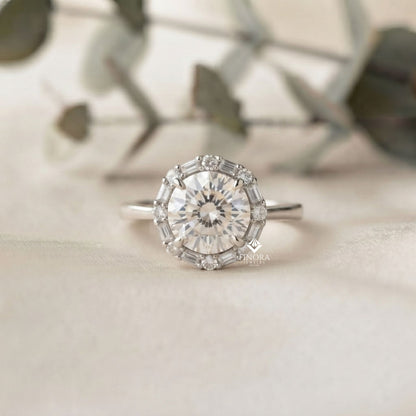 Round Cut Moissanite Halo Engagement Ring with Baguette Side Stones in 925 Silver, 10K & 14K Gold – Finora Jewelry