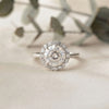 Round Cut Moissanite Halo Engagement Ring with Baguette Side Stones in 925 Silver, 10K & 14K Gold – Finora Jewelry