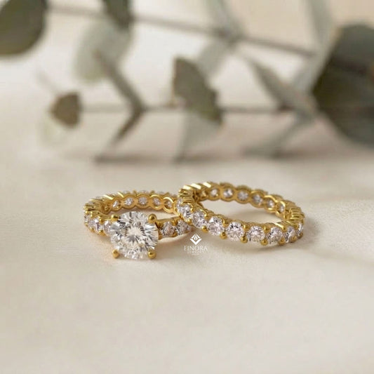 Round Cut Lab Grown Diamond Solitaire Eternity Ring – Pave Band, Dainty Gold Fine Jewelry