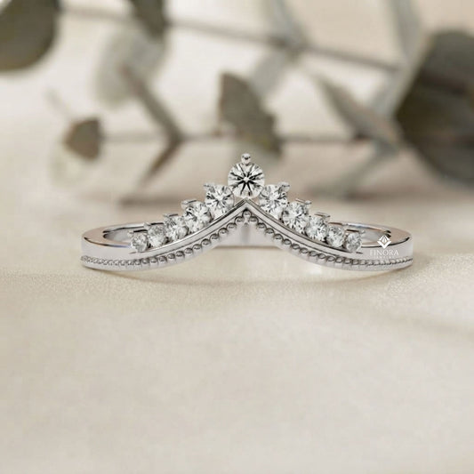Chevron Crown Diamond Wedding Band – Milgrain V-Shape Tiara Design in 925 Silver, 10K/14K Rose, White & Yellow Gold, or Platinum – Finora Vintage Sparkle for Her