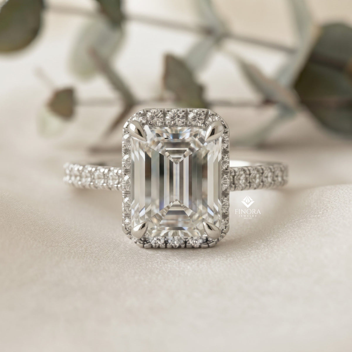 emerald cut halo ring with diamond accents by finora jewelry