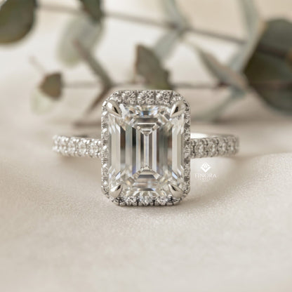 Emerald Cut Halo Ring with Diamond Accents by Finora Jewelry