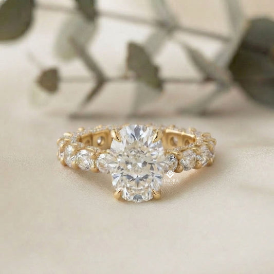 5ct Oval Cut Lab Grown Diamond  Solitaire Eternity Ring – Pave Band, Dainty Gold Fine Jewelry