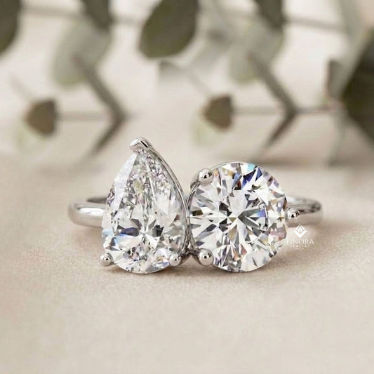 Two-Stone Pear & Round Cut Diamond Engagement Ring – Dual Brilliance in 925 Silver, 10K / 14K Gold, or Platinum – Finora Romantic Symbol of Love’s Harmony – Elegant Gift for Her