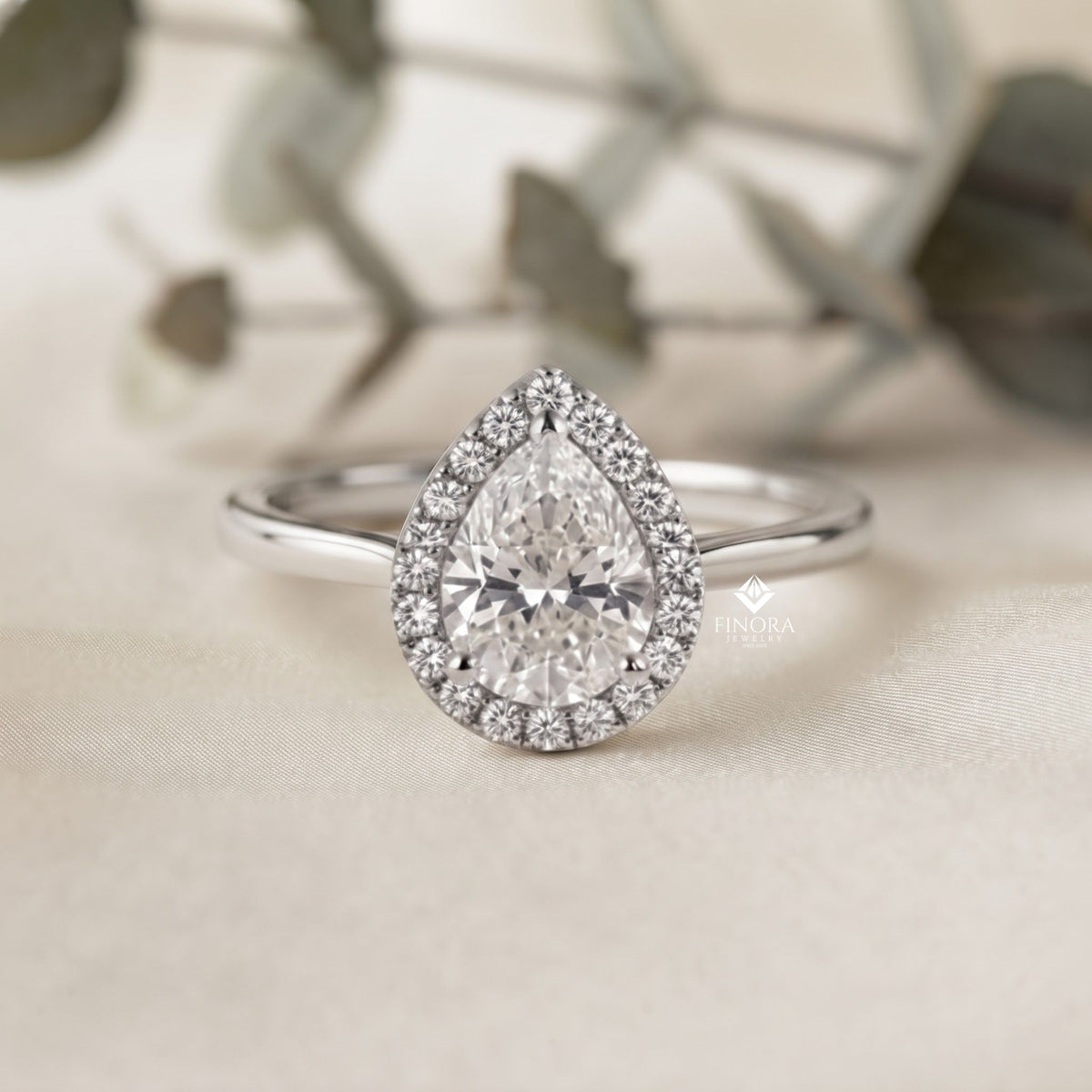 pear cut moissanite halo engagement ring – 925 silver / 10k / 14k / platinum / white / yellow / rose gold – finora jewelry