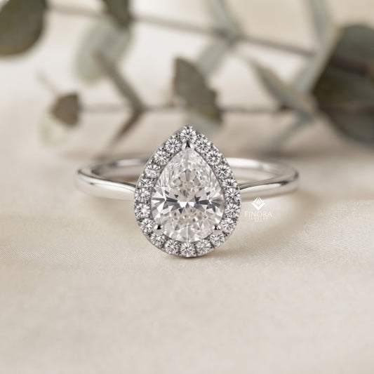Pear Cut Moissanite Halo Engagement Ring – 925 Silver / 10K / 14K / Platinum / White / Yellow / Rose Gold – Finora Jewelry