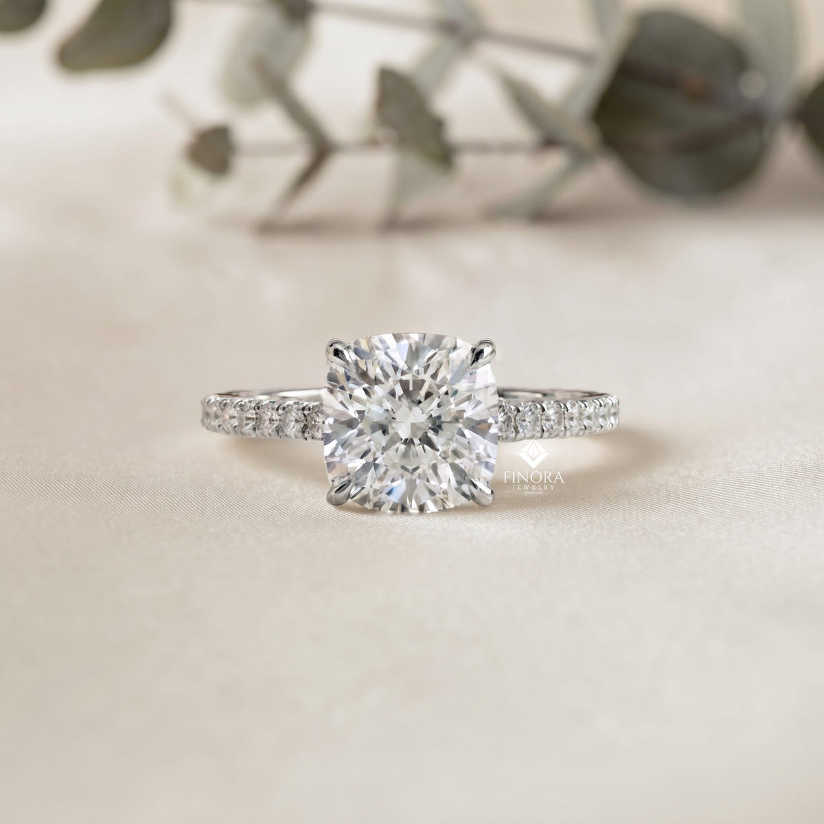 cushion cut moissanite engagement ring – pavé band – anniversary ring for her – 925 silver / 10k & 14k gold / platinum | finora jewelry