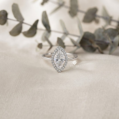 Marquise Cut Moissanite Halo Engagement Ring – 925 Silver / 10K / 14K / Platinum / White / Yellow / Rose Gold – Finora Jewelry