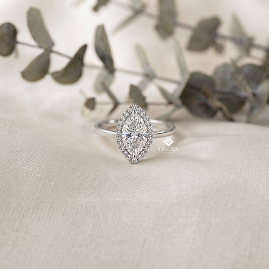 Marquise Cut Moissanite Halo Engagement Ring – 925 Silver / 10K / 14K / Platinum / White / Yellow / Rose Gold – Finora Jewelry