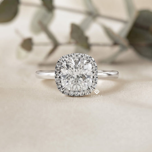 Cushion Cut Halo Moissanite Engagement Ring with Pavé Diamonds – Elegant Cushion Halo in White, Yellow, or Rose Gold | Finora Jewelry