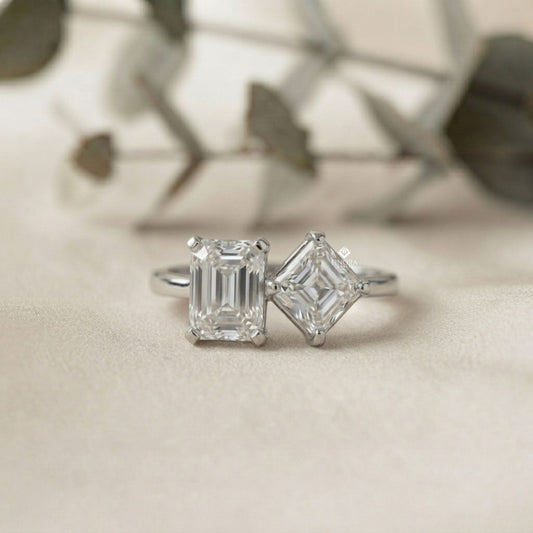 Two-Stone Emerald Square & Radiant Cut Diamond Open Ring in 925 Silver, 10K/14K Gold, or Platinum – Finora Jewelry