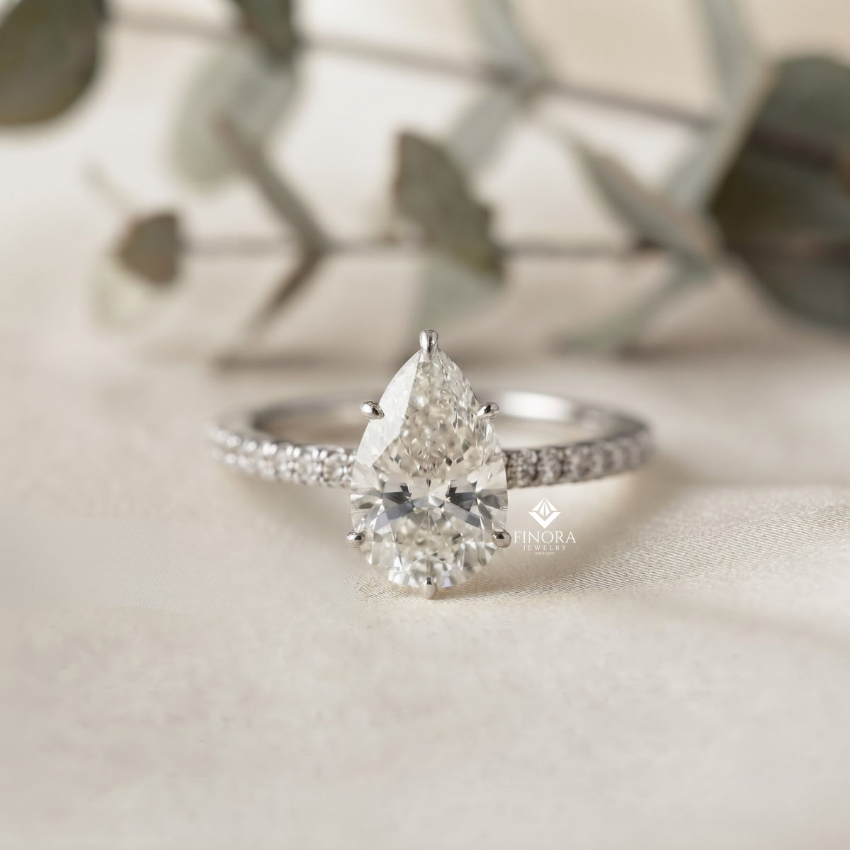 pear cut moissanite engagement ring – pavé band – 925 silver / 10k & 14k gold / platinum | finora jewelry