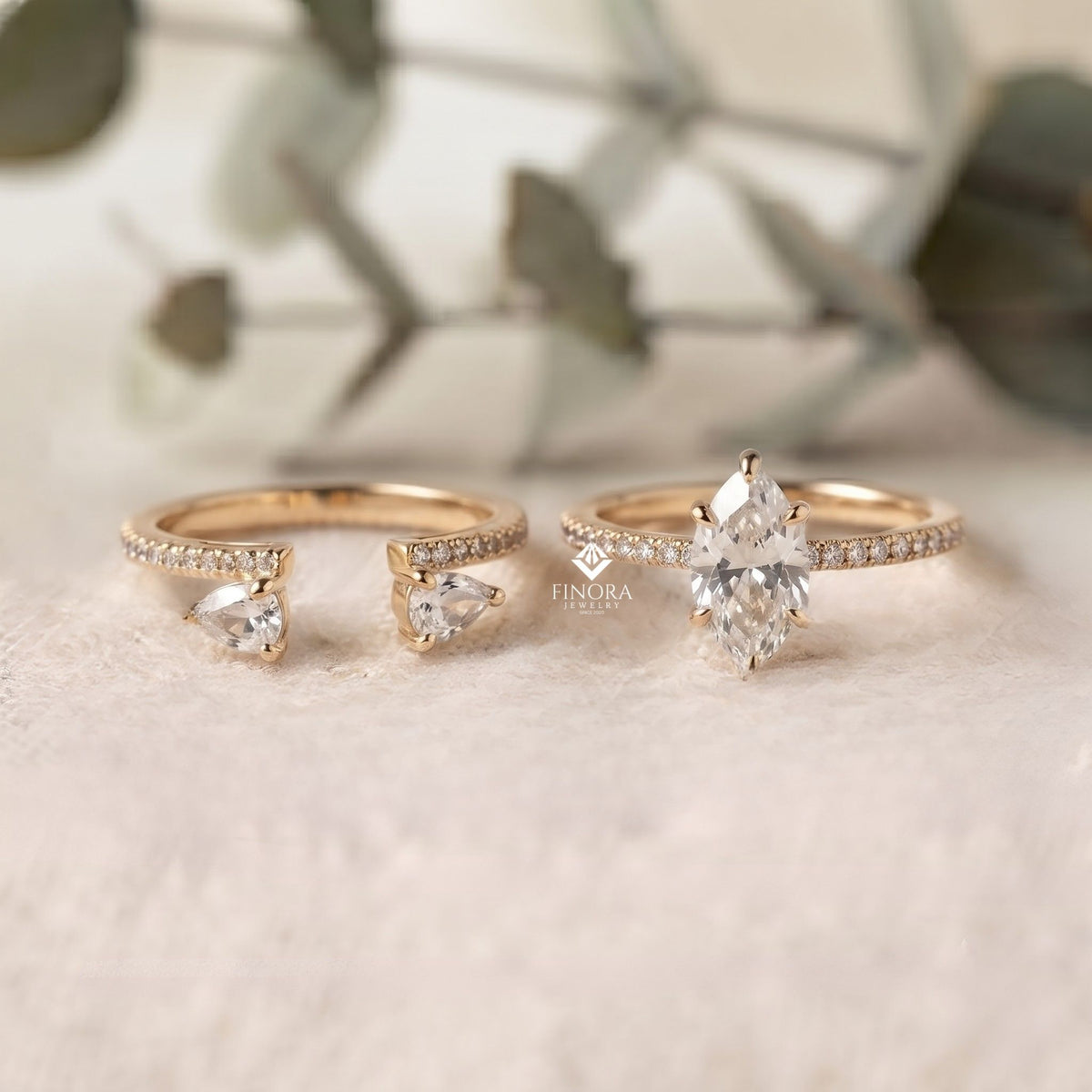 marquise wedding ring set – elegant gold bridal ring – fine jewelry for engagement