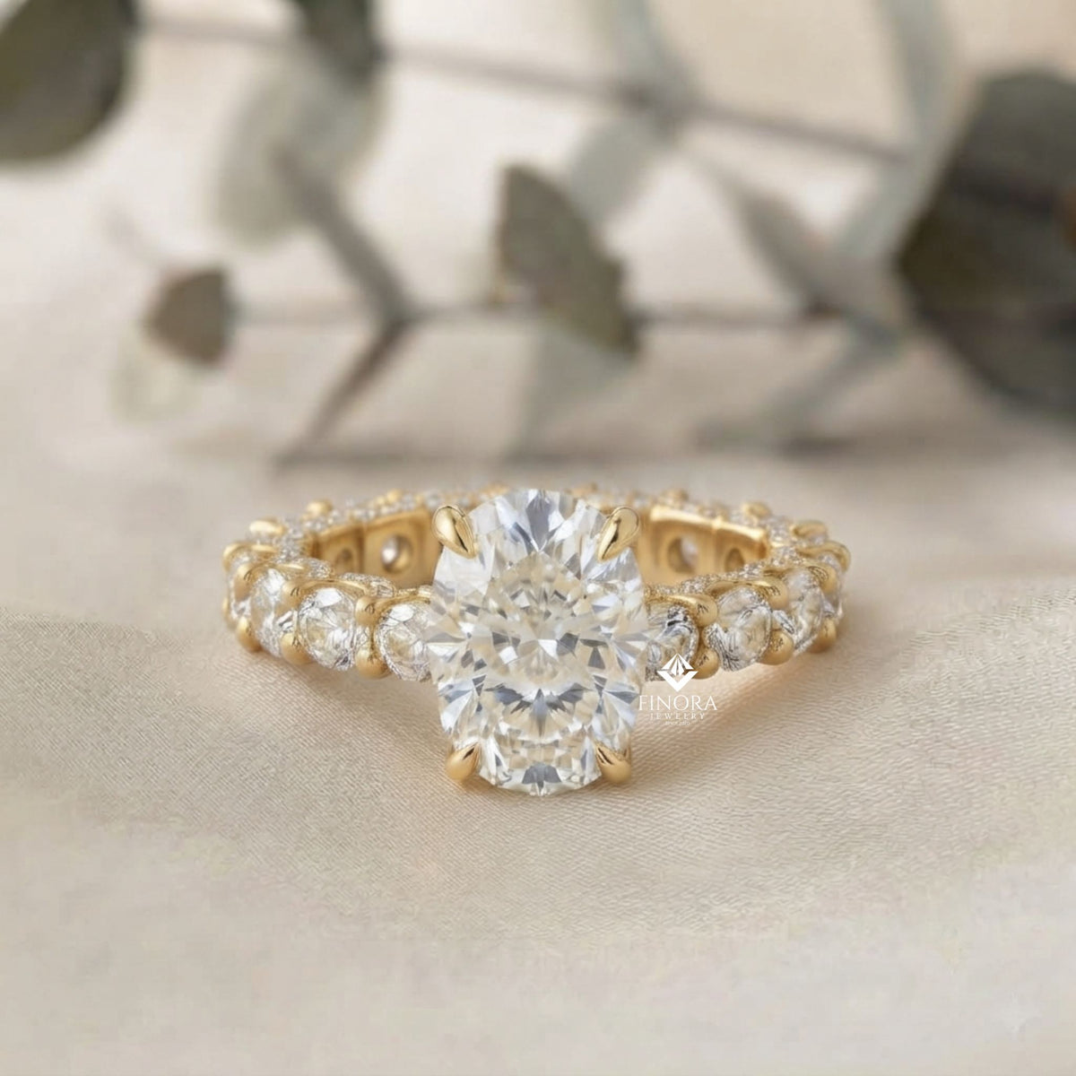 5ct oval cut lab grown diamond  solitaire eternity ring – pave band, dainty gold fine jewelry