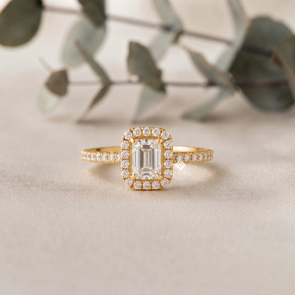 Emerald Cut Halo Ring – Dainty Pave Engagement Ring  – Romantic Gold Bridal Jewelry