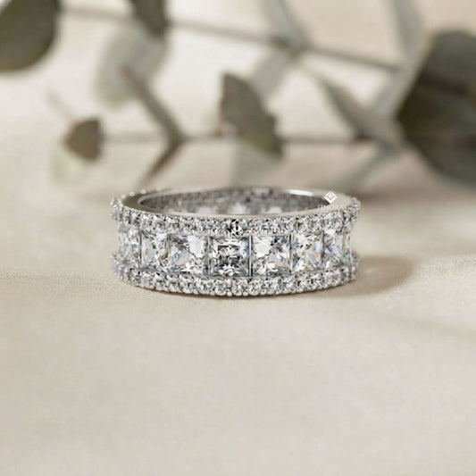 Princess-Cut Diamond Triple Row Wedding Band – Bold Eternity Ring for Couples in Silver, Gold & Platinum – Finora Radiant Glamour Statement