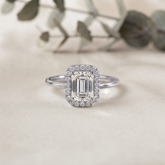 Emerald Cut Moissanite Halo Engagement Ring – Dainty Promise Ring – Anniversary / Birthday / Wedding Gift – 925 Silver / 10K / 14K / Platinum – White / Yellow / Rose Gold – Finora Jewelry