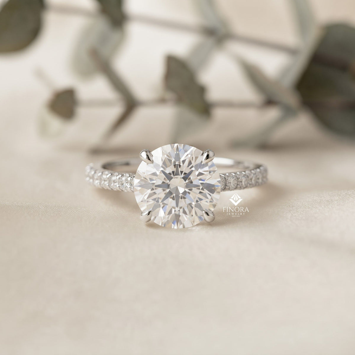 round brilliant moissanite engagement ring with pavé diamond band – classic four-prong solitaire in white, yellow, or rose gold | finora jewelry